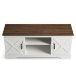 Rustic Farmhouse White TV Stand with Dark Woodgrain Top & X-Frame Doors