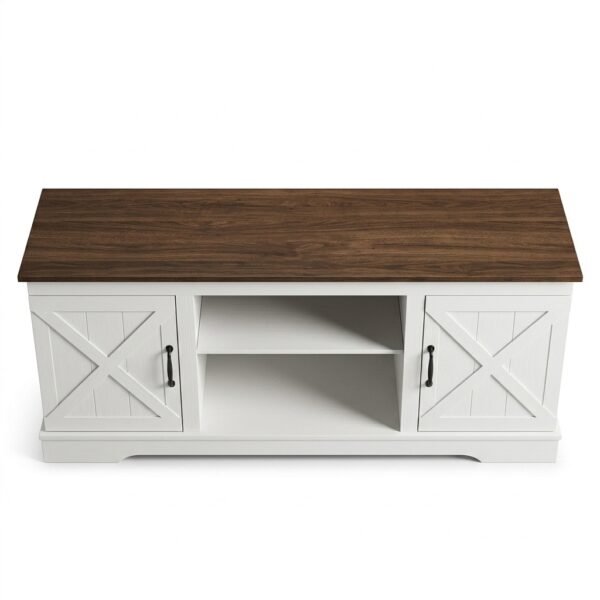 Rustic Farmhouse White TV Stand with Dark Woodgrain Top & X-Frame Doors