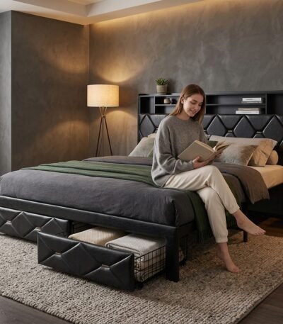 Woman relaxing on a sturdy black metal platform bed with a bookshelf headboard and convenient pull-out storage drawers in a contemporary bedroom. Custom and wholesale B2B furniture by MMK TRADE INC.