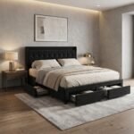 Modern black tufted upholstered bed frame with pull-out storage drawers in a luxury bedroom setting. Manufactured by MMK Furniture Makers.