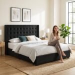 Modern bedroom featuring MMK Furniture Makers black velvet tufted bed frame with a woman relaxing. High-quality custom furniture for B2B wholesale and OEM.