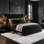 Luxurious dark bedroom interior showcasing a premium black velvet upholstered bed frame with storage. Manufactured by MMK TRADE INC for US furniture retailers.