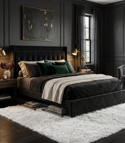 Luxurious dark bedroom interior showcasing a premium black velvet upholstered bed frame with storage. Manufactured by MMK TRADE INC for US furniture retailers.