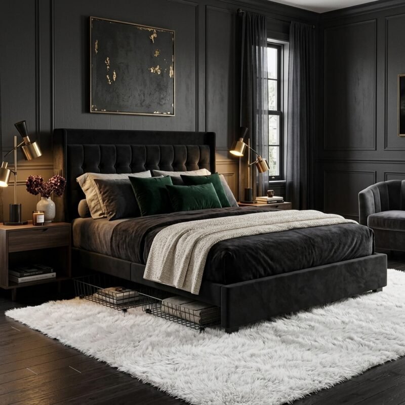 Luxurious dark bedroom interior showcasing a premium black velvet upholstered bed frame with storage. Manufactured by MMK TRADE INC for US furniture retailers.