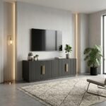 Minimalist living room featuring a modern dark grey fluted TV console with gold hardware. B2B custom furniture and OEM manufacturing by MMK Trade Inc.