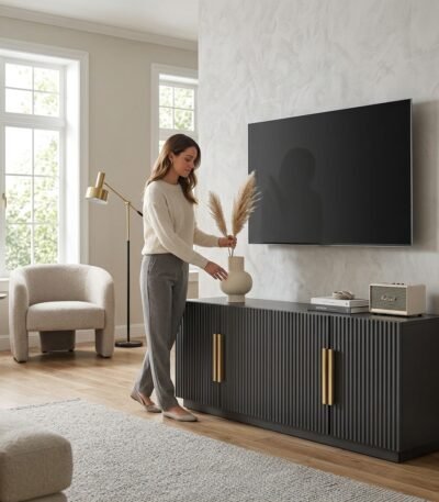 Woman arranging decor on a custom dark grey fluted TV stand with gold handles in a modern living room. Wholesale furniture manufactured by MMK Furniture Makers.