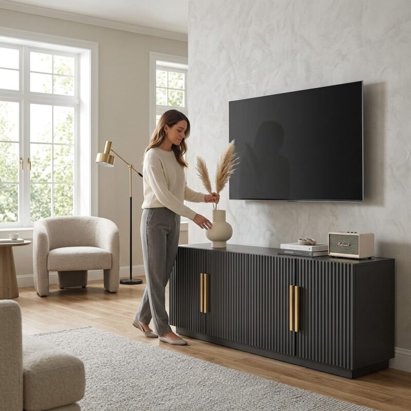 Woman arranging decor on a custom dark grey fluted TV stand with gold handles in a modern living room. Wholesale furniture manufactured by MMK Furniture Makers.