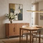 Modern red oak solid wood fluted sideboard in a stylish dining room setting. Premium custom furniture manufactured by MMK Furniture Makers.