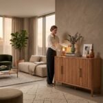 A woman arranging decor on a custom solid wood fluted sideboard in a cozy modern living room. High-quality wholesale red oak cabinet by MMK Trade Inc.