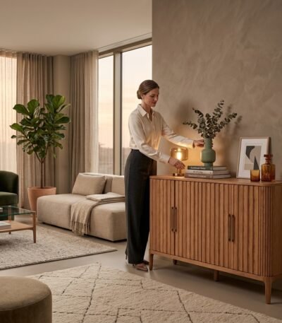 A woman arranging decor on a custom solid wood fluted sideboard in a cozy modern living room. High-quality wholesale red oak cabinet by MMK Trade Inc.