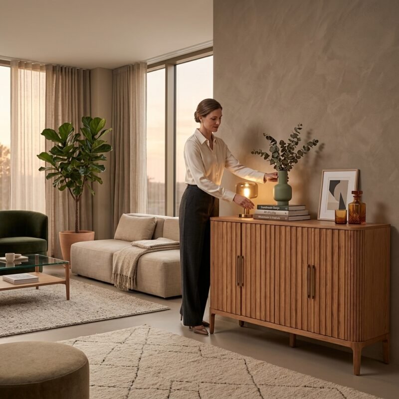 A woman arranging decor on a custom solid wood fluted sideboard in a cozy modern living room. High-quality wholesale red oak cabinet by MMK Trade Inc.