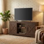 Dark walnut farmhouse TV stand with open center shelves in a rustic American living room. Manufactured by MMK Furniture Makers for US wholesale and B2B furniture buyers.