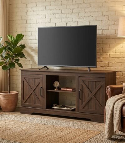 Dark walnut farmhouse TV stand with open center shelves in a rustic American living room. Manufactured by MMK Furniture Makers for US wholesale and B2B furniture buyers.