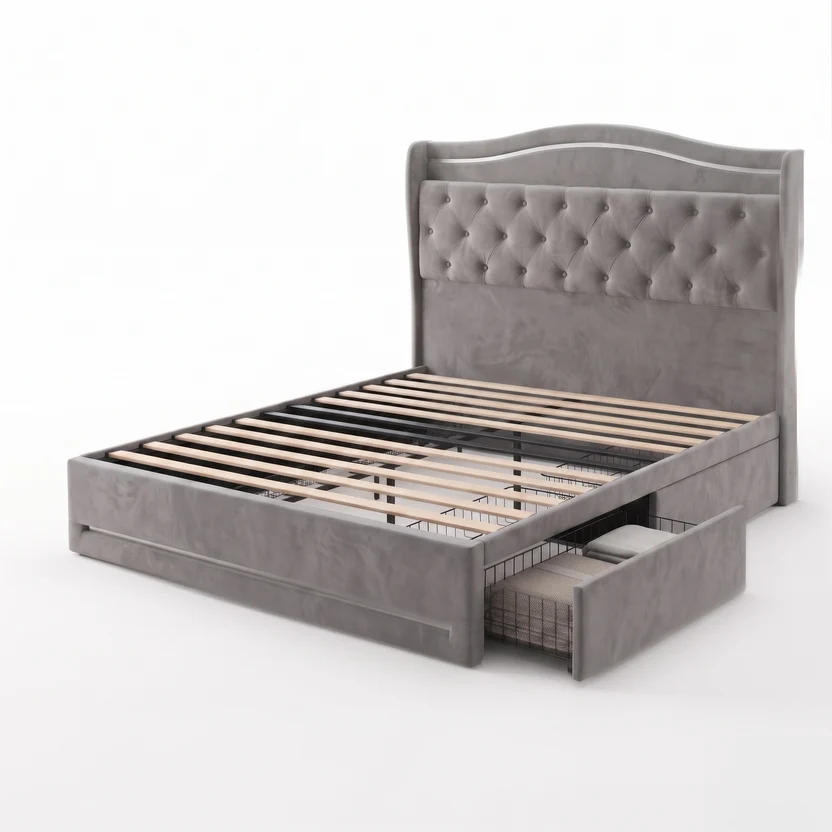 FTBFBF-6285—生成图 Grey Velvet Tufted Upholstered Bed Frame - Image 1