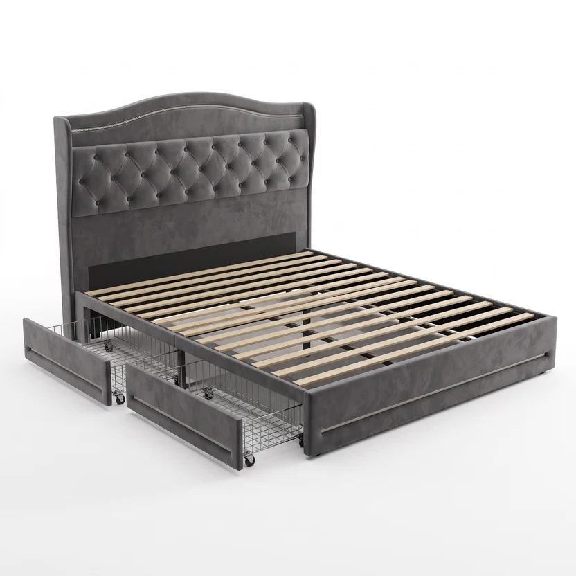 FTBFBF-6286—生成图 Luxury Grey Velvet Upholstered Platform Bed - Image 1