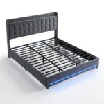Modern Velvet Upholstered Platform Bed Frame with Tufted Headboard & LED Lights