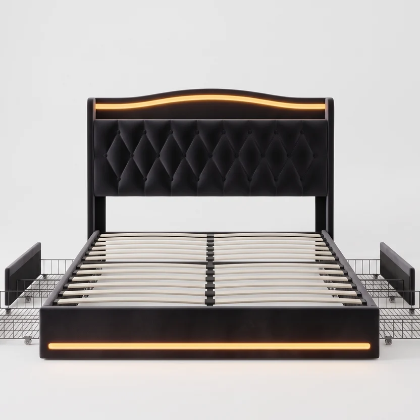 FTBFBF-6358—生成图 Premium Velvet Upholstered Bed with Storage Drawers - Image 1