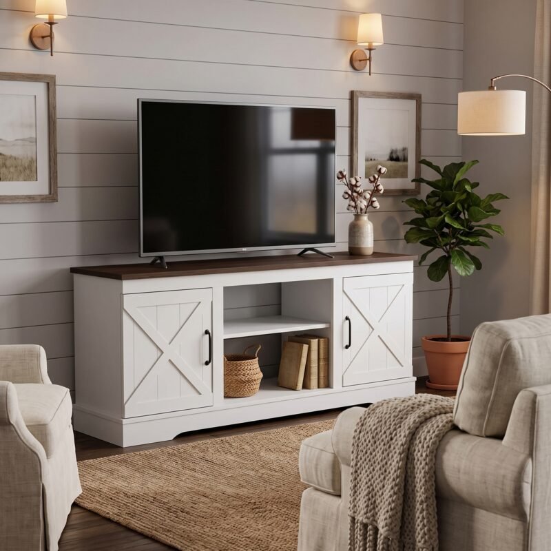 Modern white farmhouse TV stand with a rustic brown wood top and open center shelves in a cozy living room. Manufactured by MMK Furniture Makers for US wholesale and B2B furniture buyers.