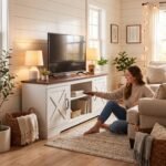 Woman decorating a custom white barn door TV stand with no back panel in a bright living room. High-quality OEM/ODM living room furniture supplied by MMK TRADE INC.