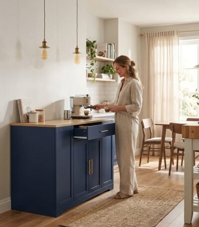 Woman preparing coffee at a navy blue kitchen island storage cabinet with wood countertop in sunny dining room