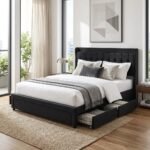 Modern black velvet upholstered bed frame featuring pull-out storage drawers in a contemporary bedroom, manufactured wholesale by MMK Furniture Makers.