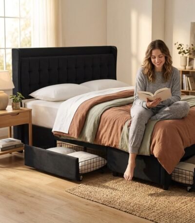 Customer relaxing on a sturdy black upholstered storage bed in a cozy room setting, showcasing custom B2B bedroom furniture by MMK TRADE INC.