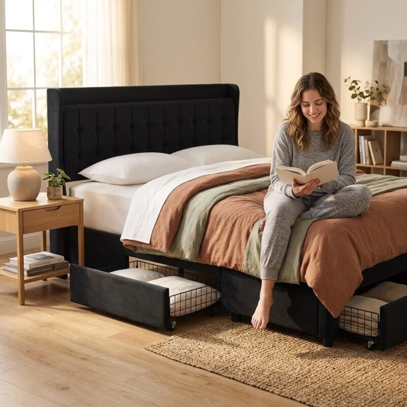 Customer relaxing on a sturdy black upholstered storage bed in a cozy room setting, showcasing custom B2B bedroom furniture by MMK TRADE INC.