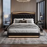 Modern black velvet upholstered bed frame with LED lighting and under-bed storage drawers in a luxury bedroom setting, manufactured by MMK Furniture Makers.