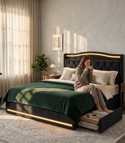 Woman enjoying morning coffee sitting on a premium black velvet LED storage bed, high-quality custom wholesale furniture by MMK Furniture Makers.