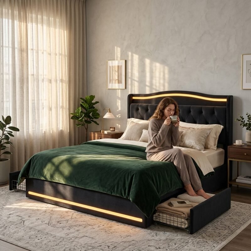 Woman enjoying morning coffee sitting on a premium black velvet LED storage bed, high-quality custom wholesale furniture by MMK Furniture Makers.