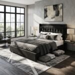 Modern luxury bedroom interior featuring a wholesale black upholstered bedstead with tufted headboard, produced by MMK Trade Inc.