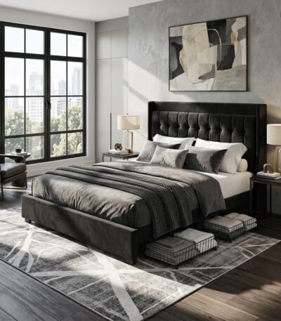 Modern luxury bedroom interior featuring a wholesale black upholstered bedstead with tufted headboard, produced by MMK Trade Inc.