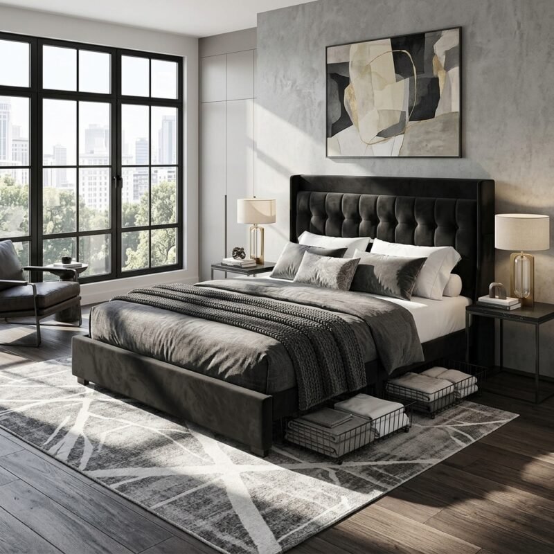 Modern luxury bedroom interior featuring a wholesale black upholstered bedstead with tufted headboard, produced by MMK Trade Inc.