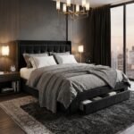 Modern black velvet upholstered bed frame with a tufted headboard and under-bed storage in a luxurious bedroom setting. Premium wholesale furniture by MMK Furniture Makers.