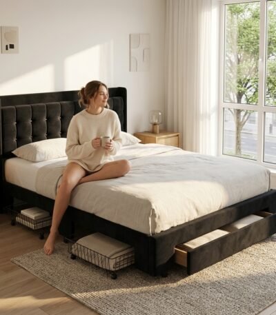 Lifestyle view of a woman relaxing on a custom black velvet tufted bed frame with storage. High-quality B2B custom bedroom furniture manufactured by MMK TRADE INC.