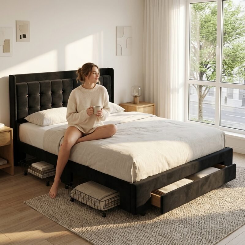 Lifestyle view of a woman relaxing on a custom black velvet tufted bed frame with storage. High-quality B2B custom bedroom furniture manufactured by MMK TRADE INC.