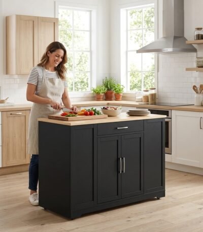 Woman preparing food on a custom black wooden kitchen island trolley. High-quality B2B kitchen cart supplied by MMK Furniture Makers for the US market.
