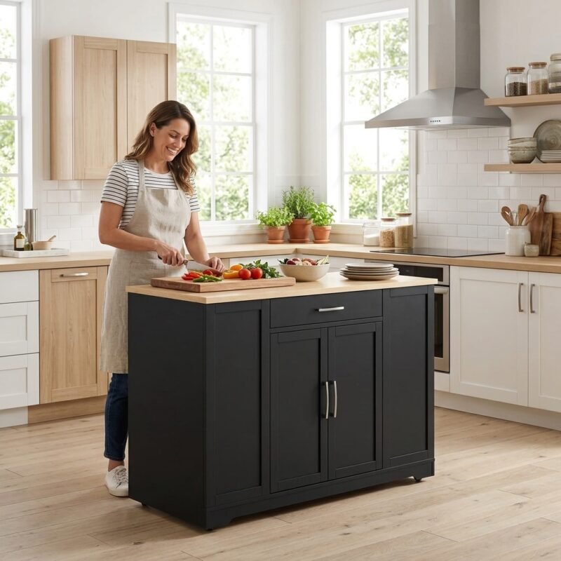 Woman preparing food on a custom black wooden kitchen island trolley. High-quality B2B kitchen cart supplied by MMK Furniture Makers for the US market.
