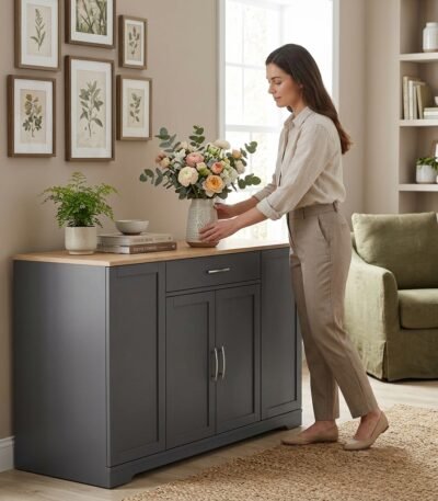 Woman placing decor on a custom dark grey wooden cabinet in a stylish living room, showcasing high-quality OEM furniture by MMK Trade Inc.