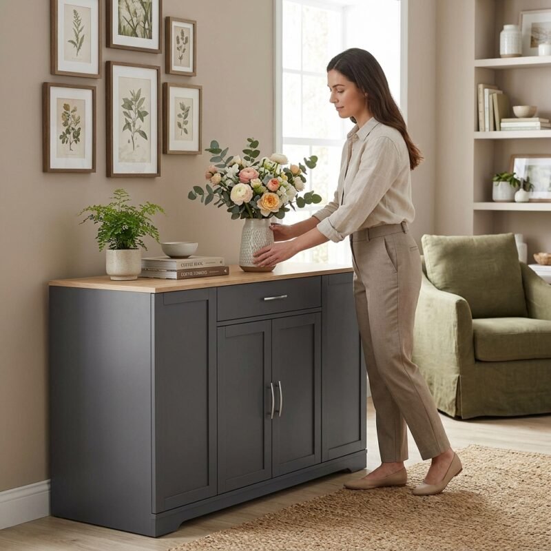 Woman placing decor on a custom dark grey wooden cabinet in a stylish living room, showcasing high-quality OEM furniture by MMK Trade Inc.