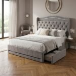Wholesale grey velvet tufted bed frame with pull-out storage drawers in a modern bedroom setting, manufactured by MMK Furniture Makers.