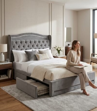 Woman relaxing on a custom grey velvet upholstered storage bed, high-quality B2B bedroom furniture by MMK Furniture Makers.