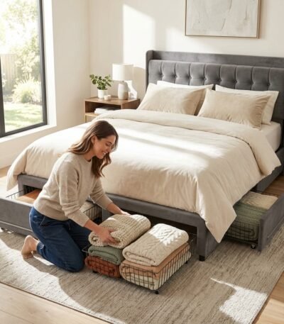 Woman organizing blankets into the convenient under-bed wire storage drawer of a grey velvet upholstered bed frame, showcasing practical space-saving bedroom solutions by MMK TRADE INC.