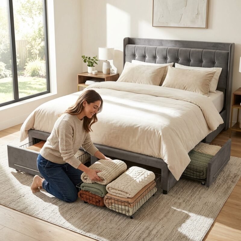 Woman organizing blankets into the convenient under-bed wire storage drawer of a grey velvet upholstered bed frame, showcasing practical space-saving bedroom solutions by MMK TRADE INC.