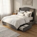 Modern grey velvet tufted bed frame with under-bed storage drawers in a stylish bedroom setting, manufactured by MMK Furniture Makers for wholesale and B2B markets.