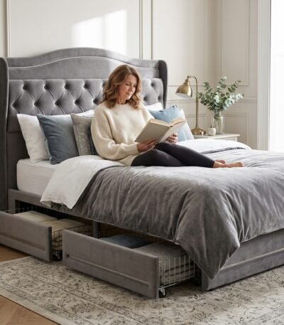 A woman relaxing on a comfortable grey velvet tufted storage bed in a bright bedroom, showcasing custom premium furniture manufacturing by MMK TRADE INC.