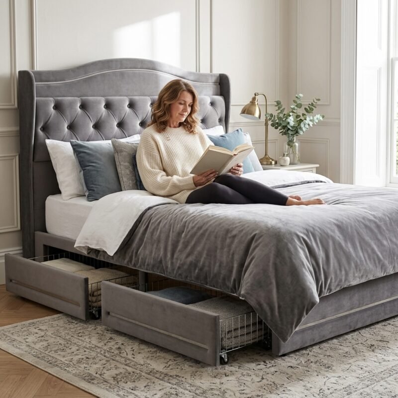 A woman relaxing on a comfortable grey velvet tufted storage bed in a bright bedroom, showcasing custom premium furniture manufacturing by MMK TRADE INC.