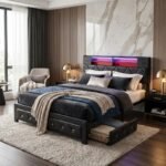 Modern black faux leather LED bed frame with storage drawers in a luxury bedroom setting, manufactured by MMK Furniture Makers for US B2B wholesale.