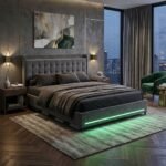 Modern grey velvet upholstered bed frame with LED light strip and storage in a luxury bedroom setting, manufactured by MMK Furniture Makers for