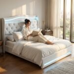Woman relaxing on a custom white velvet LED bed frame in a modern bedroom interior, wholesale furniture by MMK Trade Inc.